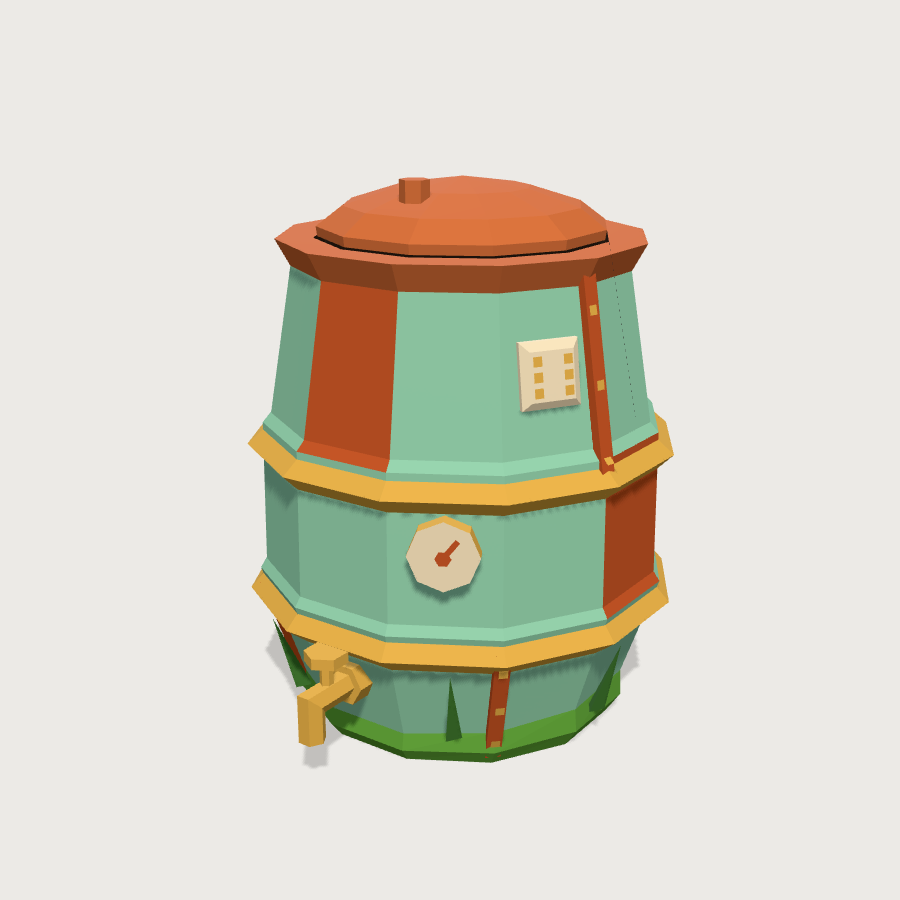 Brass-fitted water butt low-poly 3D model