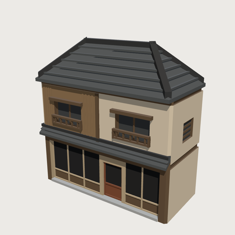 Wide Shophouse low-poly 3D model