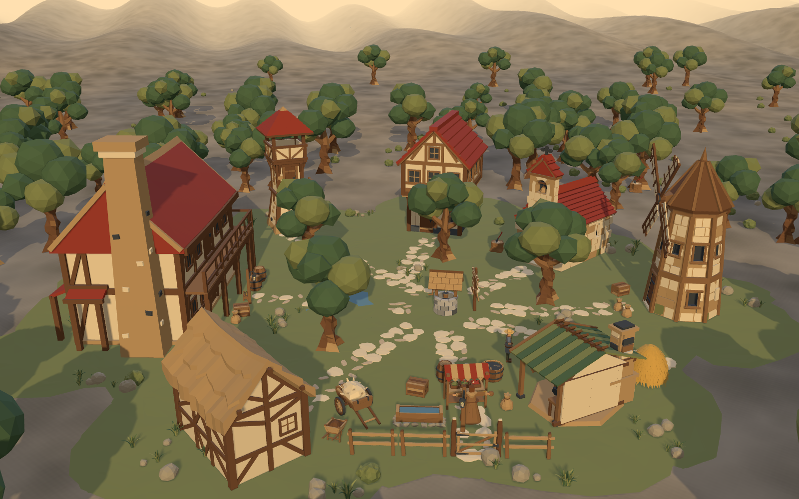 A low-poly medieval village at golden hour seen from above: a timber-framed inn with a red roof, a thatched cottage, a windmill, a church, a well on a cobbled path, market stalls and carts, ringed by round green trees and misty hills