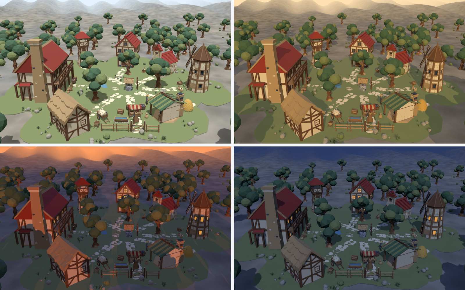 The same medieval village seen from above four times: under a hard noon sun with short shadows; in low warm golden-hour light; at dusk with windows lit under an orange sky; and on a blue moonlit night lit mostly by the village itself