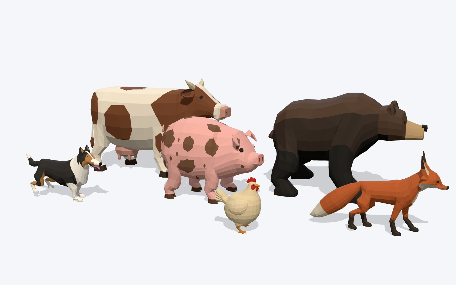 Low-poly animals mid-stride on a pale floor, each on its own clip: a cow, a bear, a spotted pig, a fox, a dog and a chicken