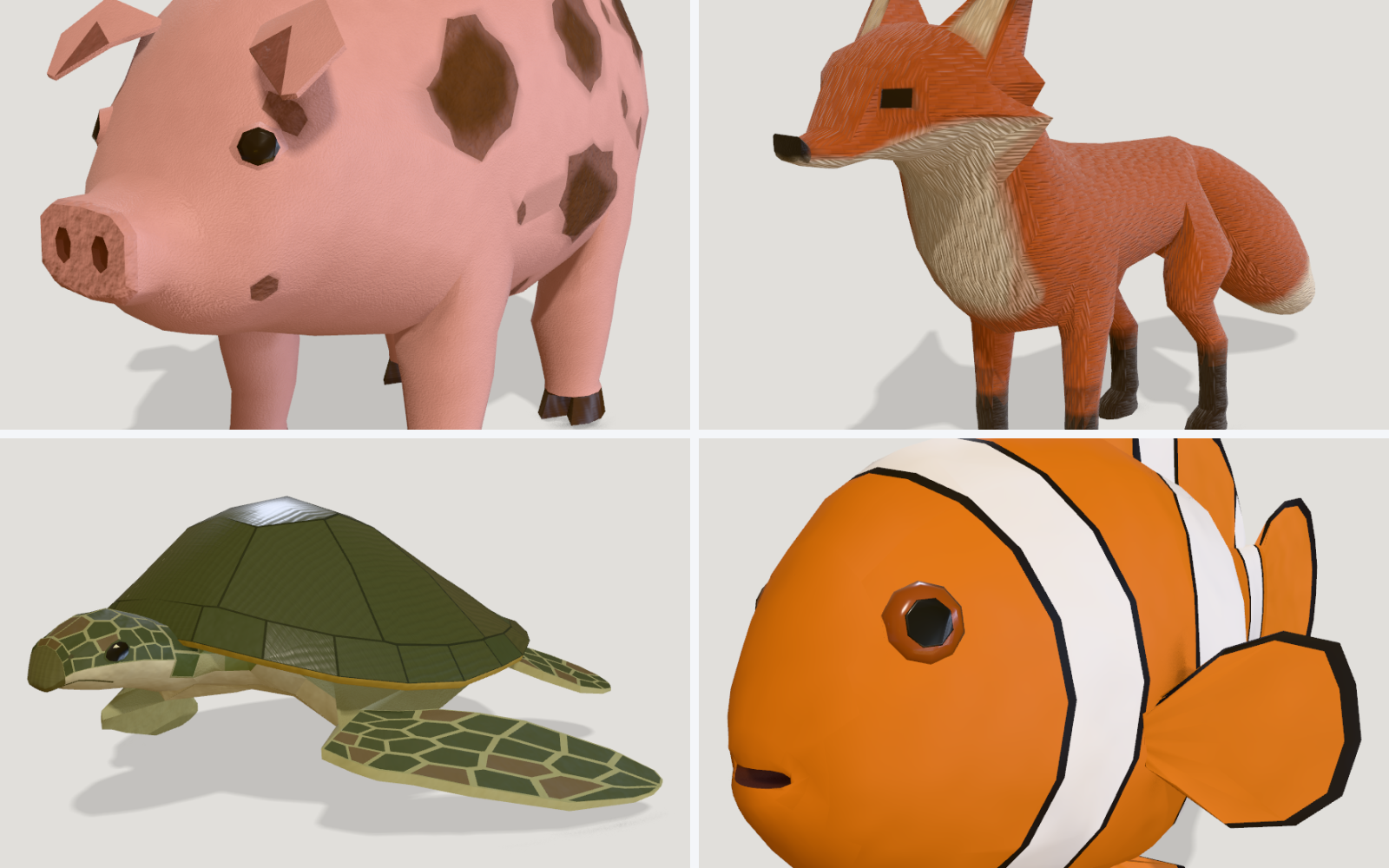 Four animals in HD, close up: a spotted pig, a red fox with a pale chest, a sea turtle with a patterned shell and flippers, and a clownfish with white bands