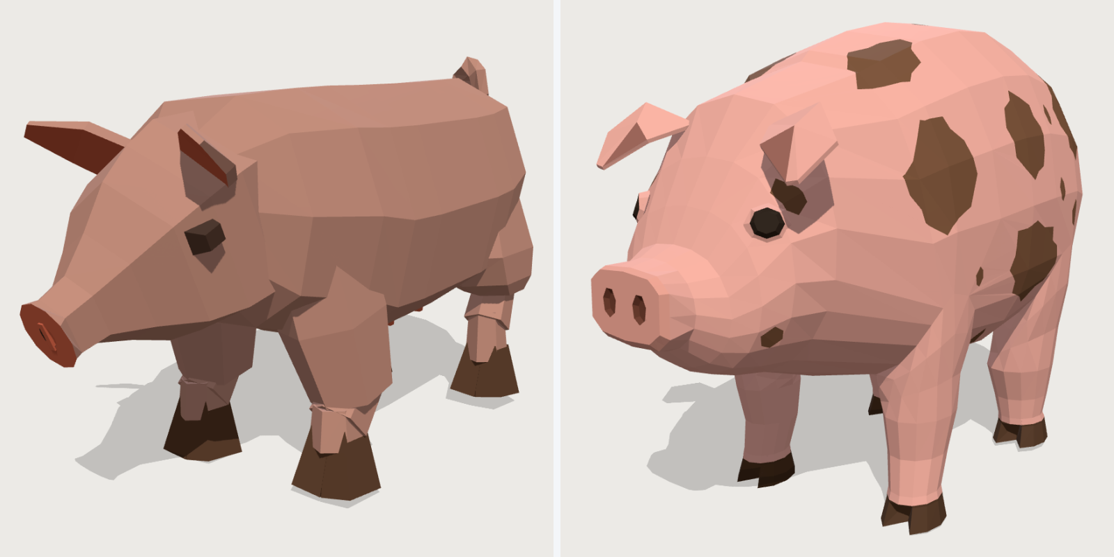 The same farm pig twice: on the left the original, blocky and made of separate faceted parts with visible seams where each leg segment meets the next; on the right the Animals v2 pig, rounder and spotted, with legs that are one continuous surface from body to hoof