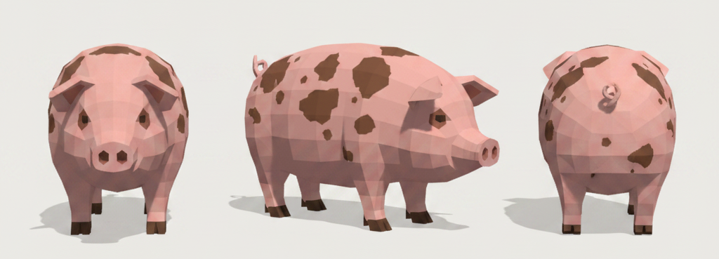 A reference sheet for the pig: front, side and back views on one pale sheet, each a flat elevation at the same scale on the same ground line