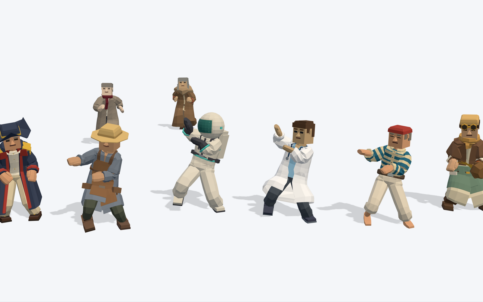 A crowd of low-poly characters mid-dance on a pale background: a naval officer, a farmer in an apron, an astronaut, a doctor in a lab coat and a striped-shirt deckhand, all in the same pose