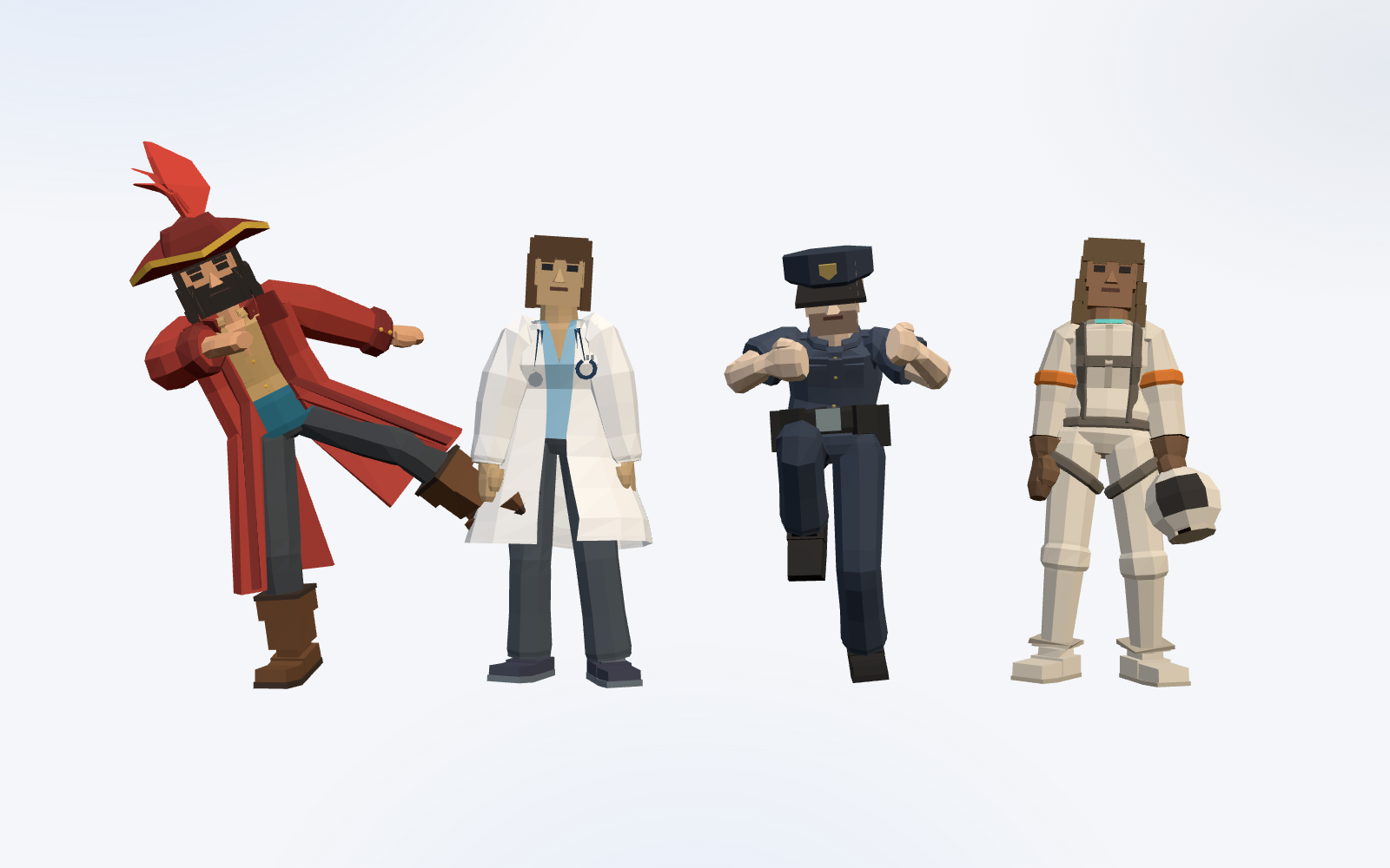 Four low-poly characters mid-animation on a pale background: a pirate captain in a red coat, a doctor in a lab coat, a police officer and an astronaut holding a helmet