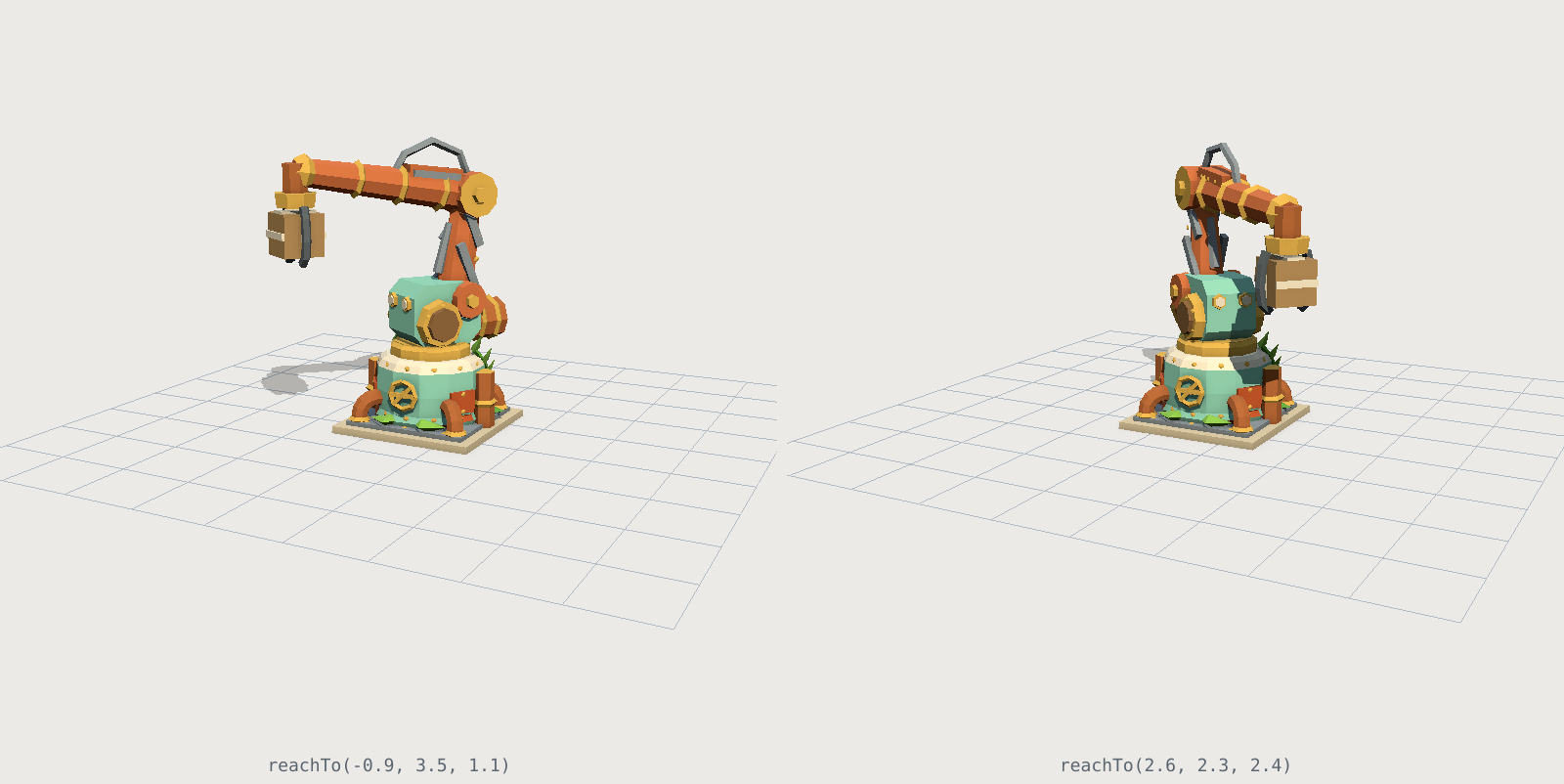 The same low-poly gantry arm rendered twice side by side on a viewport grid, from an identical camera: on the left its boom is folded in and high, on the right extended out and lower, each panel captioned with the reachTo() call that produced the pose