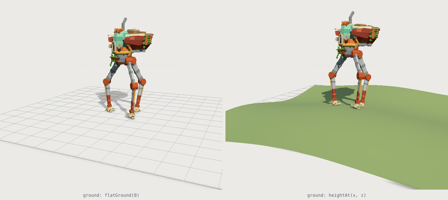 The same walker rendered twice from an identical camera, frozen at the same point of its stride. On the left it stands on a flat viewport grid with both feet level. On the right the same machine stands on a rolling green height field, its feet at different heights and its body tilted onto the plane through them