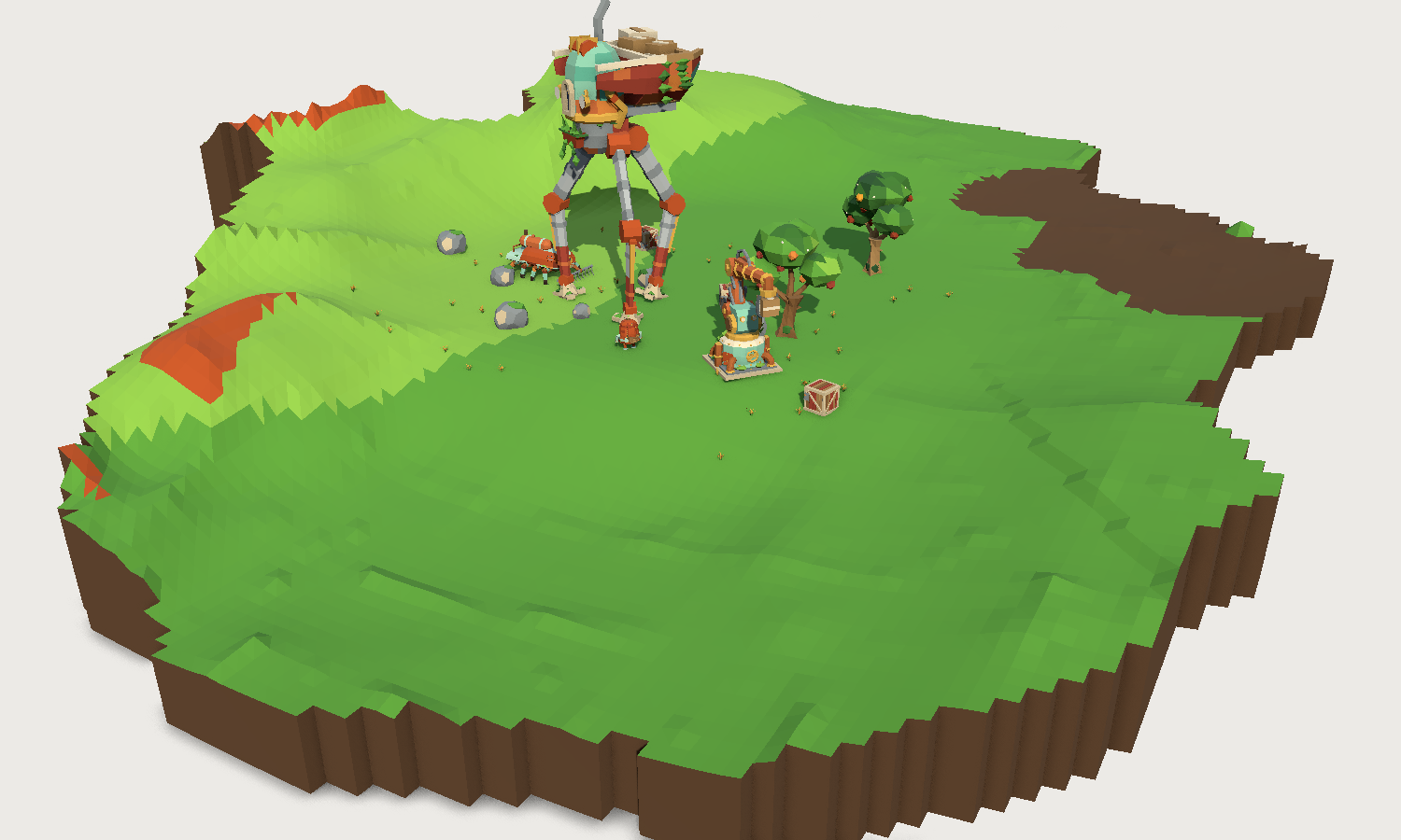 A low-poly grass island with four machines on it: an eleven-metre three-legged cargo walker mid-stride, an eight-legged tiller, a small two-legged bot and a gantry arm with its boom raised, each standing on the uneven ground with its feet in contact