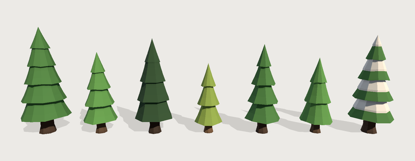 Seven low-poly pine trees in a row, all different heights, tapers, facet counts and shades of green, the rightmost one covered in snow