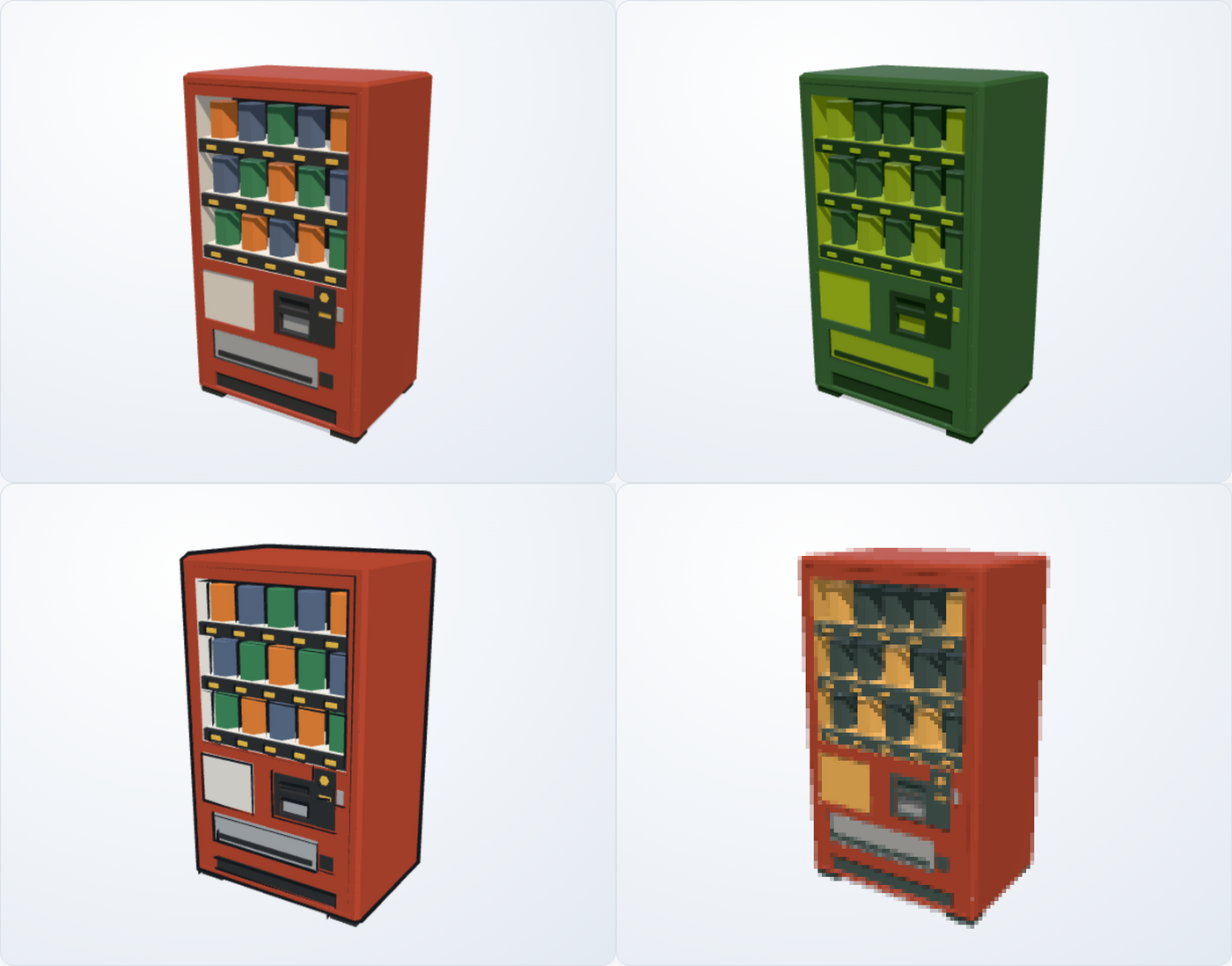 The same low-poly vending machine rendered four ways: its own colours, reduced to four Game Boy greens, toon-shaded with a black outline, and pixelated