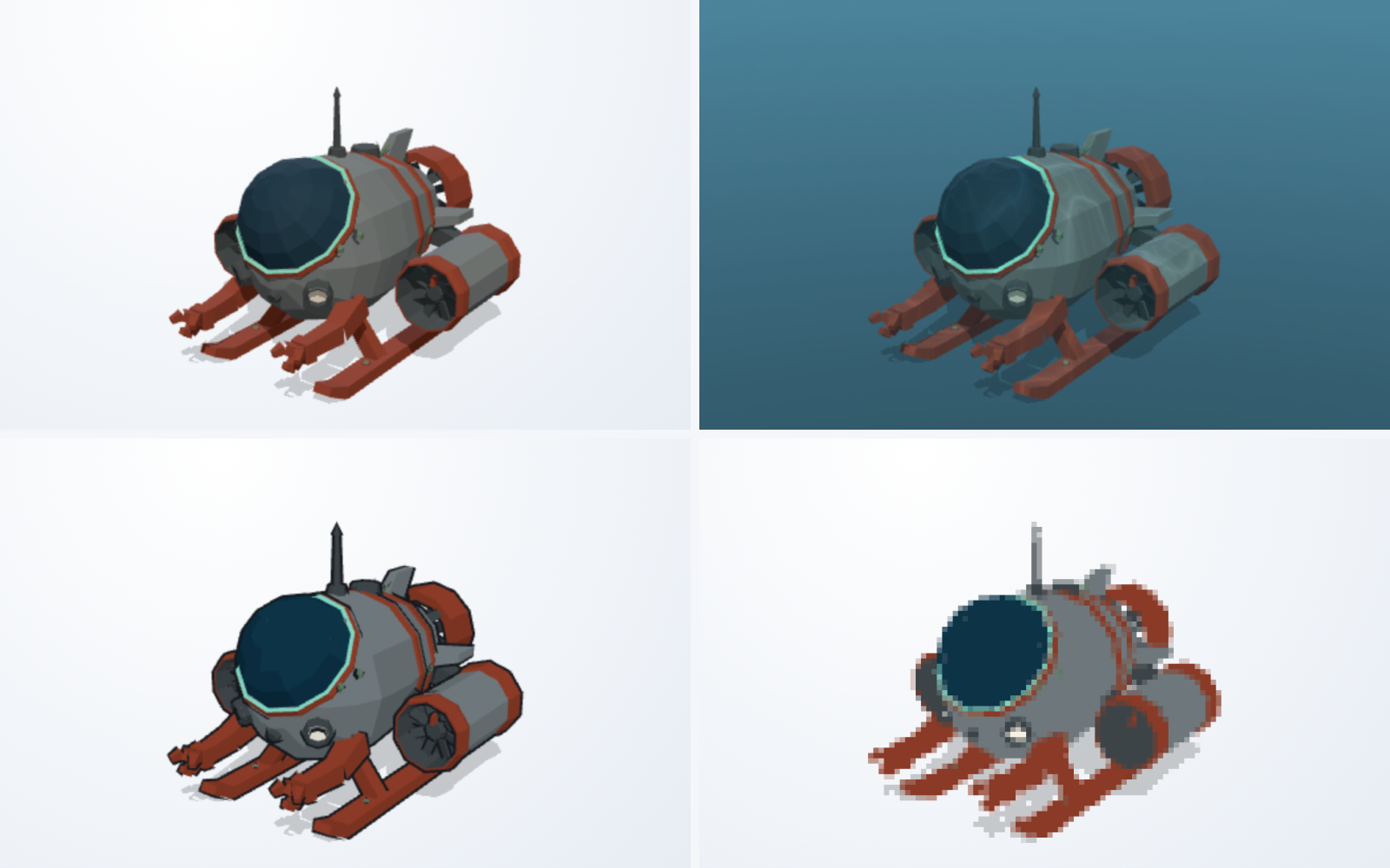 The same low-poly one-person submarine rendered four ways: its own colours, sunk under eight metres of water, toon-shaded with a thin black outline, and flattened to unlit colour then pixelated to quarter resolution so it reads as a 2D sprite