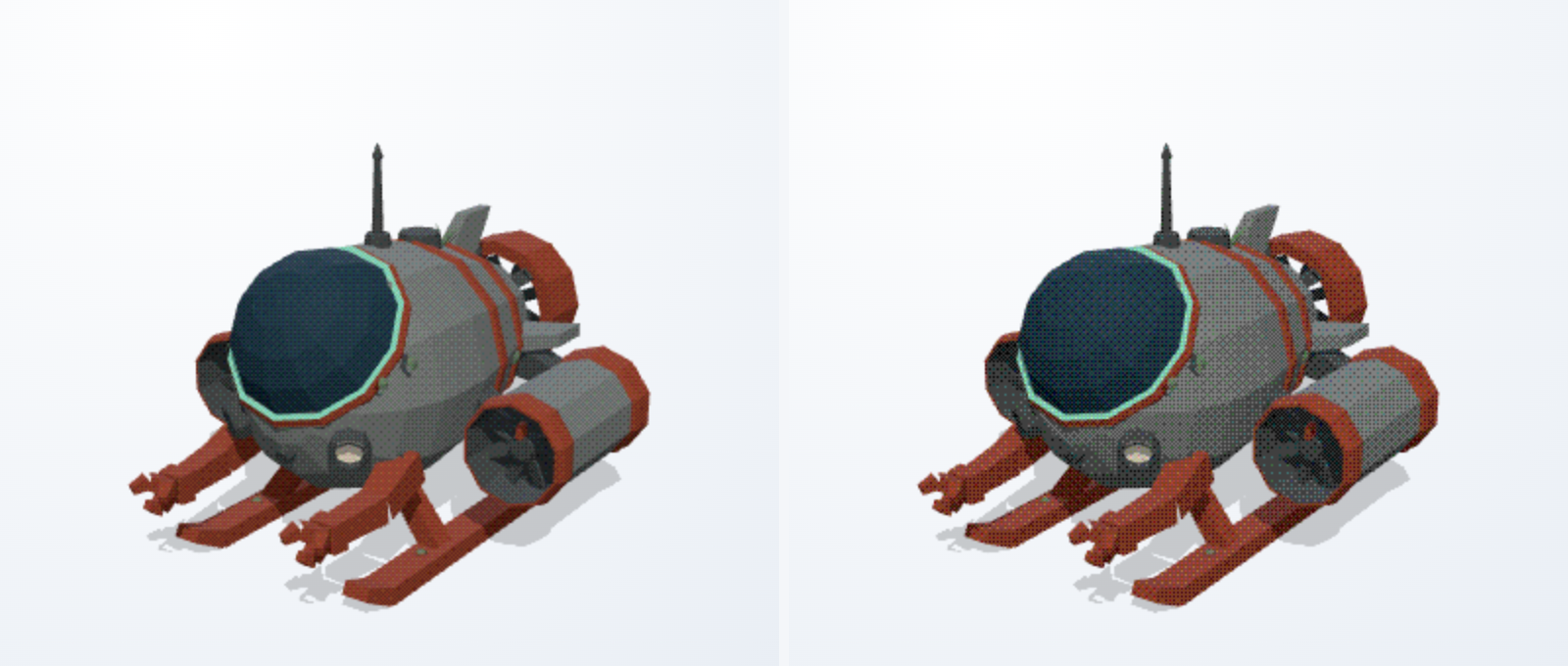 Two close crops of the same submarine, both carrying a visible cross-hatch dither pattern; the right one has coarser, blockier texture and fewer distinct tones