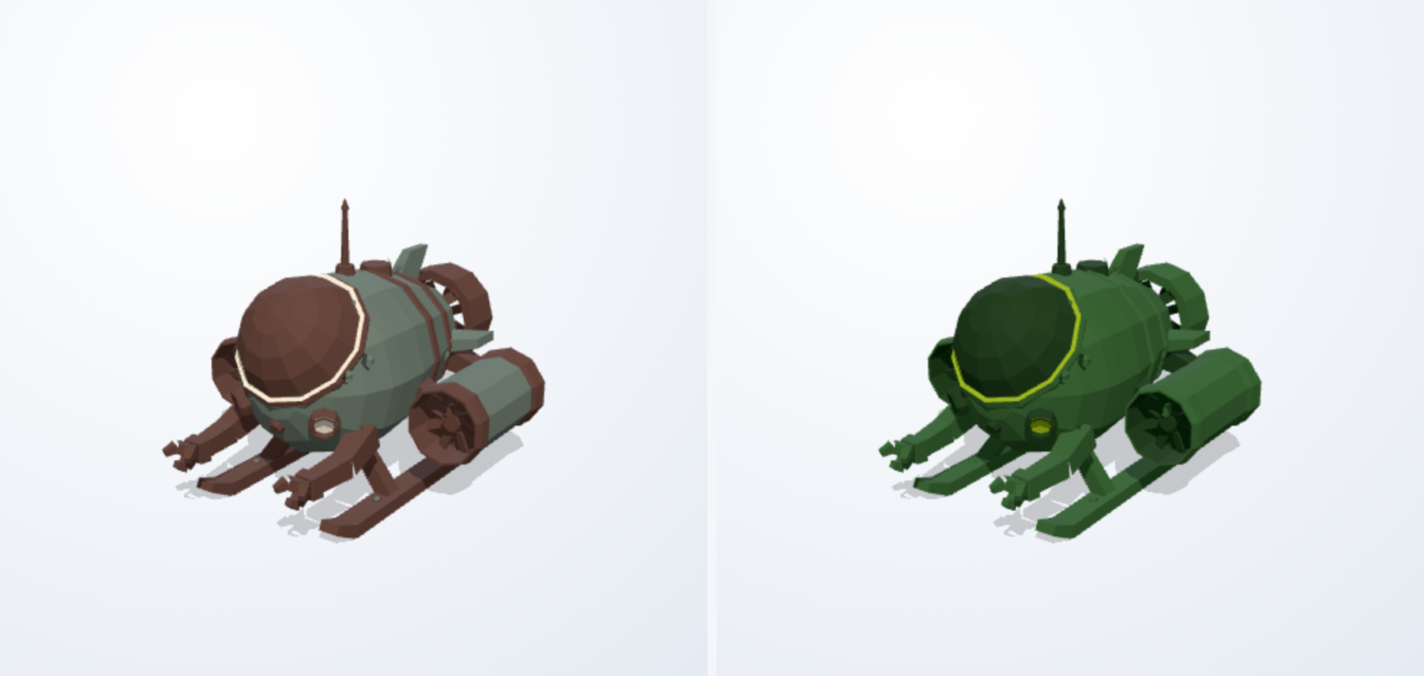 The same submarine twice: on the left reduced to four of its own colours and still a red-legged sub with a grey hull, on the right forced into the Game Boy palette where every part has become one of four greens