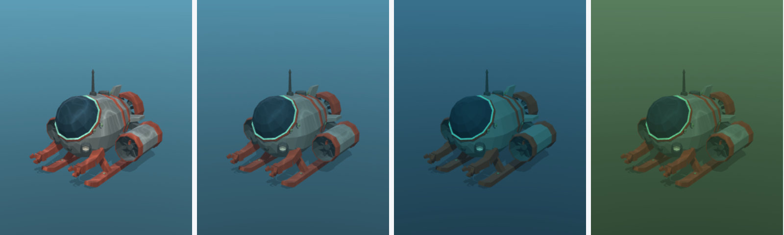 The same submarine at four water settings in a row: shallow with its red legs still red, reef with the red muted, deep where the red has gone grey-blue and the whole model is dim, and murky where everything is tinted green