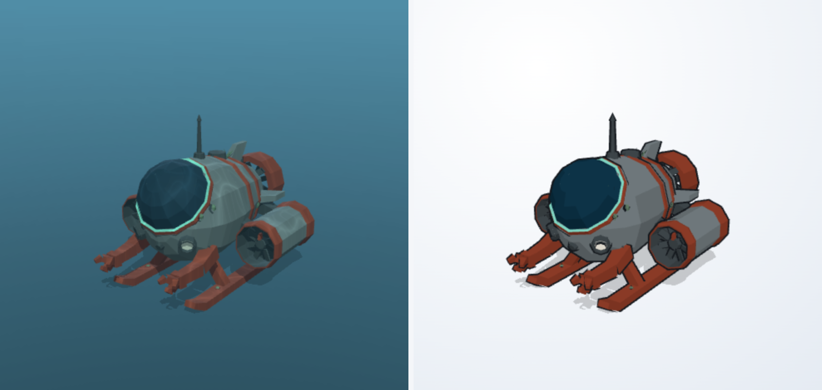 A low-poly one-person submarine shown twice: on the left it sits under blue-green water, its red legs drained towards grey with distance; on the right the same model in flat toon bands with a thin black outline tracing its silhouette and every part edge