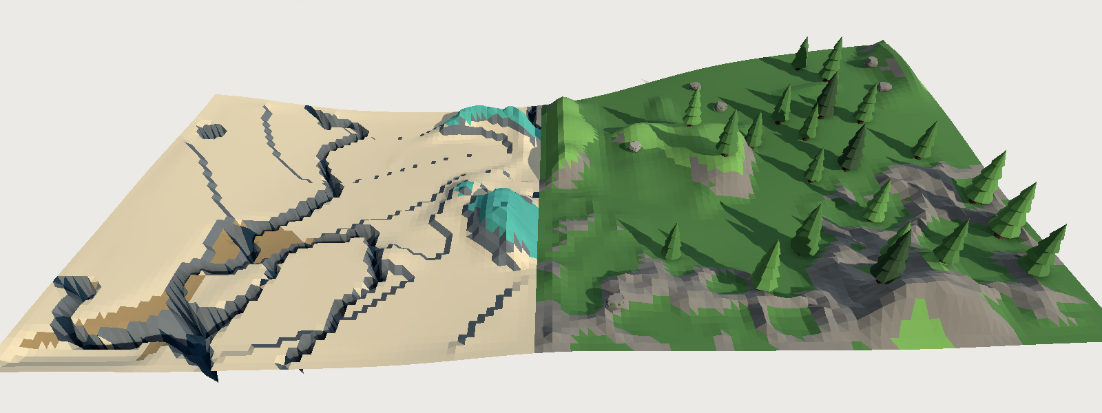 A wide low-poly landscape: pale sand with reef channels and fissures on the left, wooded green hills with pine trees on the right, the two meeting in a continuous surface down the middle of the frame