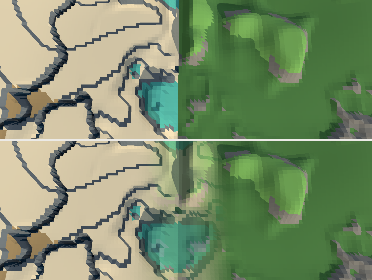 Two views of the same terrain seam from almost directly overhead. In the upper one pale reef sand meets green grass on a hard vertical line. In the lower one the same edge carries a wide band where the sand cools toward green and the grass picks up sand and teal
