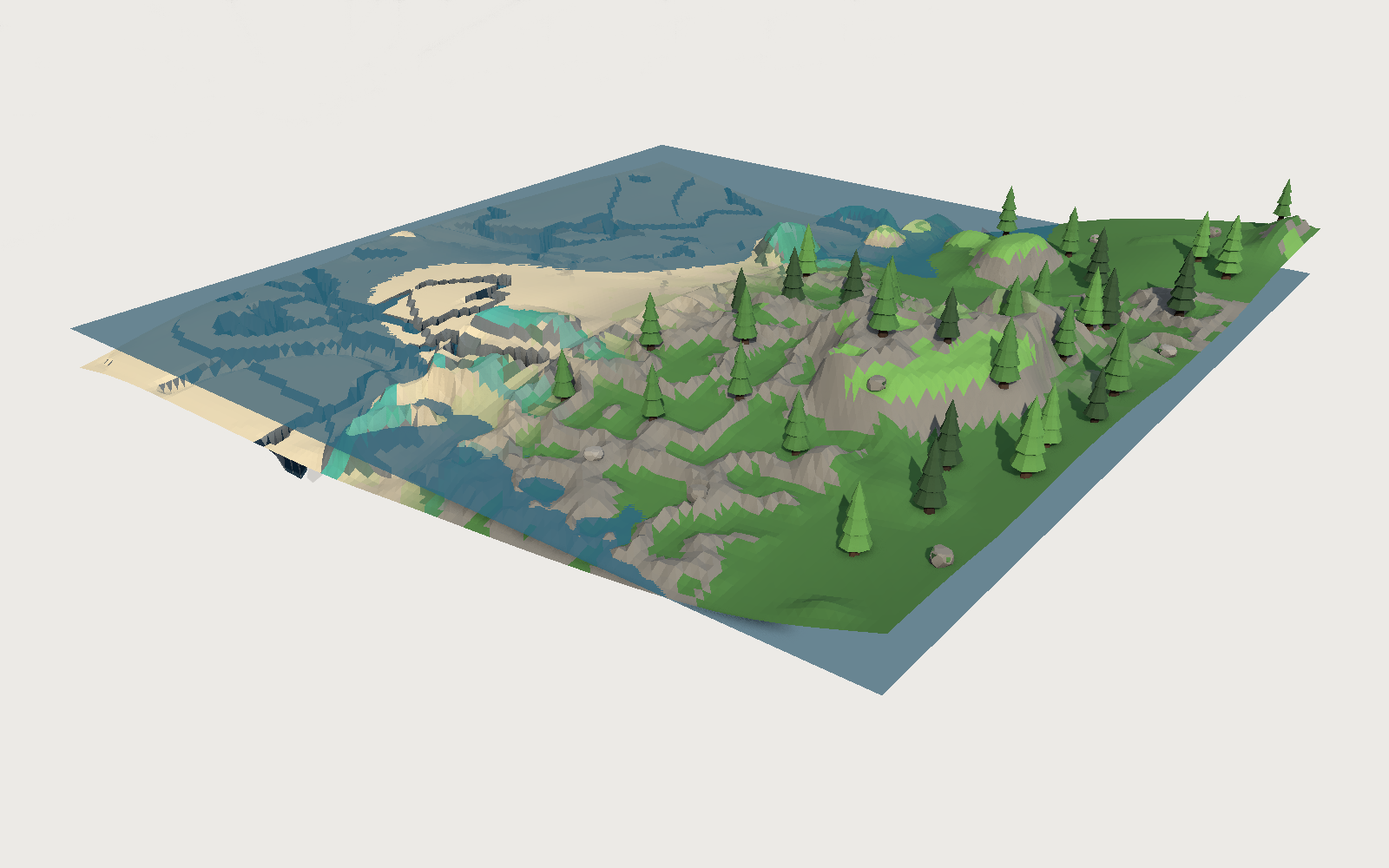 A low-poly coastline: pale sand and a reef seabed under a flat blue sea on the left, green wooded hills with pine trees on the right, the two meeting in a soft band of sand and grass