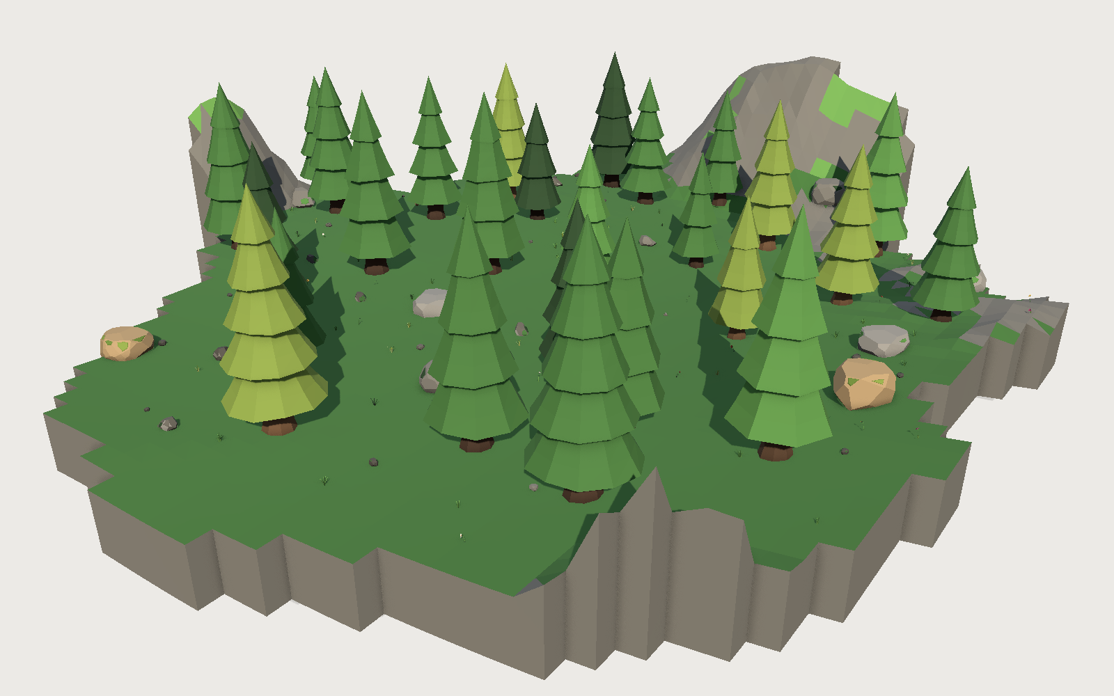 A low-poly woodland diorama: dozens of pine trees, boulders and rocks scattered over a procedurally generated height field, every tree a different height, taper and shade of green