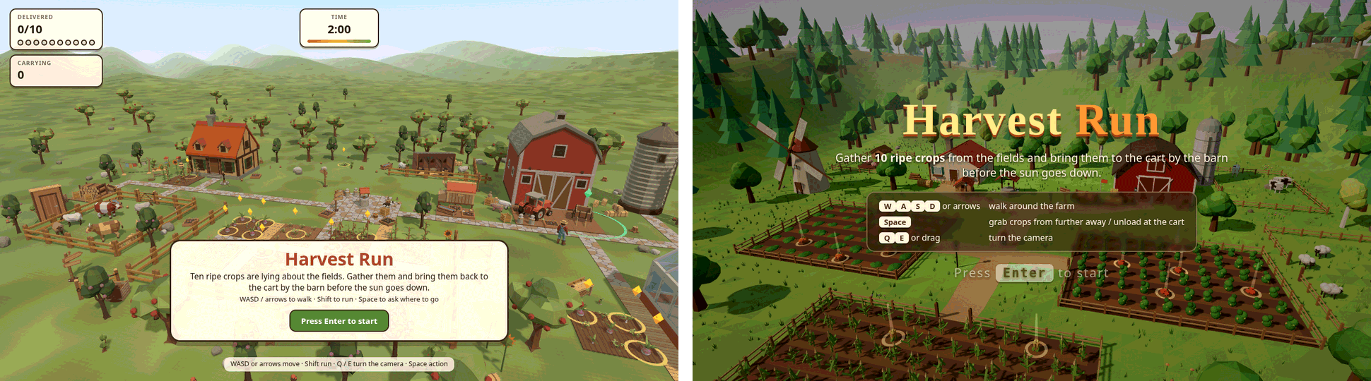 Two title screens of a farm game called Harvest Run, side by side. Left: a low-poly farm seen from above with a timber house, a red barn, a silo, fenced animals and crop plots, under a delivery counter and a timer. Right: a different farm with a windmill, a red barn, a pine forest and long crop beds behind a large orange title