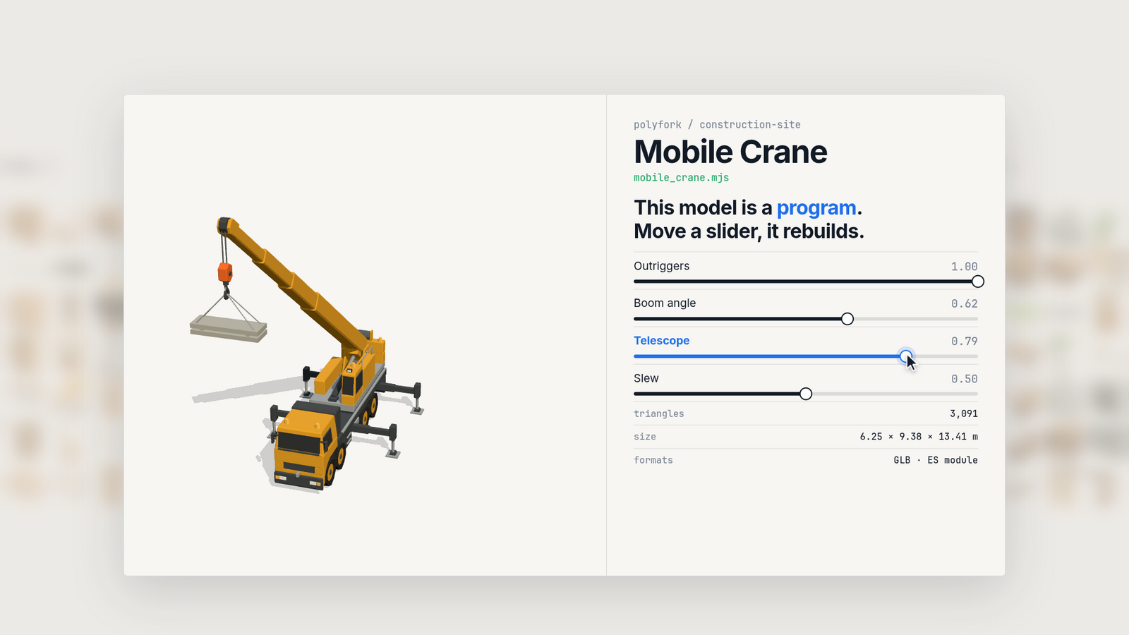 A white card on a softly blurred background. On the left a yellow mobile crane holding a load on its hook; on the right the name Mobile Crane, the line This model is a program. Move a slider, it rebuilds., and four sliders for outriggers, boom angle, telescope and slew, with a cursor dragging the telescope