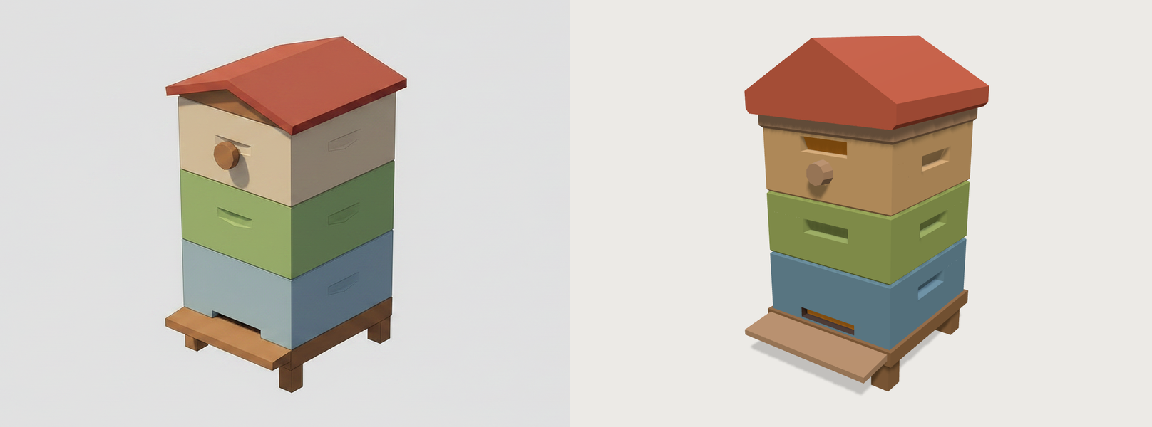 Two beehives side by side on a light grey background. On the left, a painted reference of a three-box beehive with a red gabled roof, cream, green and blue boxes and a wooden stand. On the right, the low-poly 3D model built from it, with the same shape and colours in flat facets