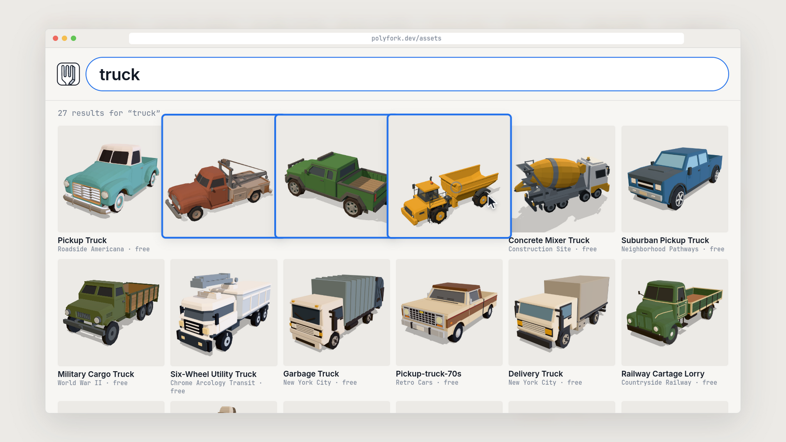 A browser window at polyfork.dev/assets with truck typed in the search bar and a grid of truck models below: pickups, a tow truck, a dump truck, a cement mixer, a garbage truck and lorries, with three tiles outlined in blue