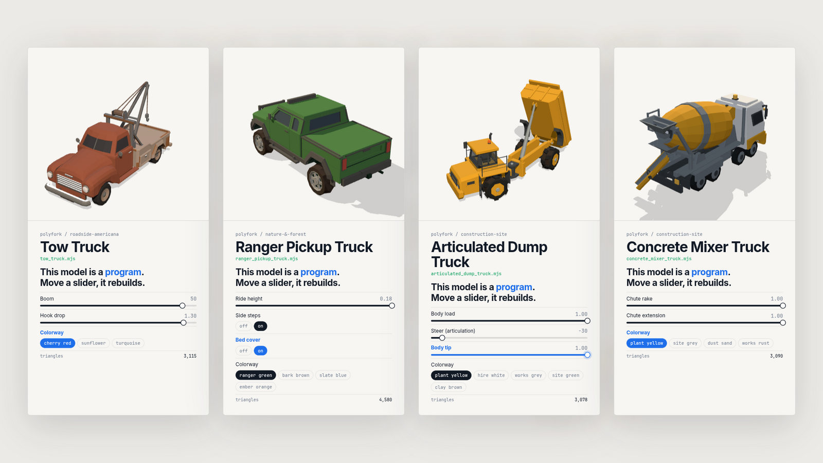 Four tall cards in a row: a rust-red tow truck, a green pickup truck, a yellow articulated dump truck and a yellow concrete mixer truck, each above its sliders