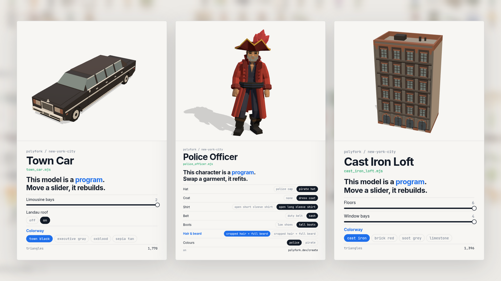 Three cards side by side: a long black limousine, a man in a red pirate captain's coat and tricorn hat, and a tall brick loft building, each above its sliders and colour swatches