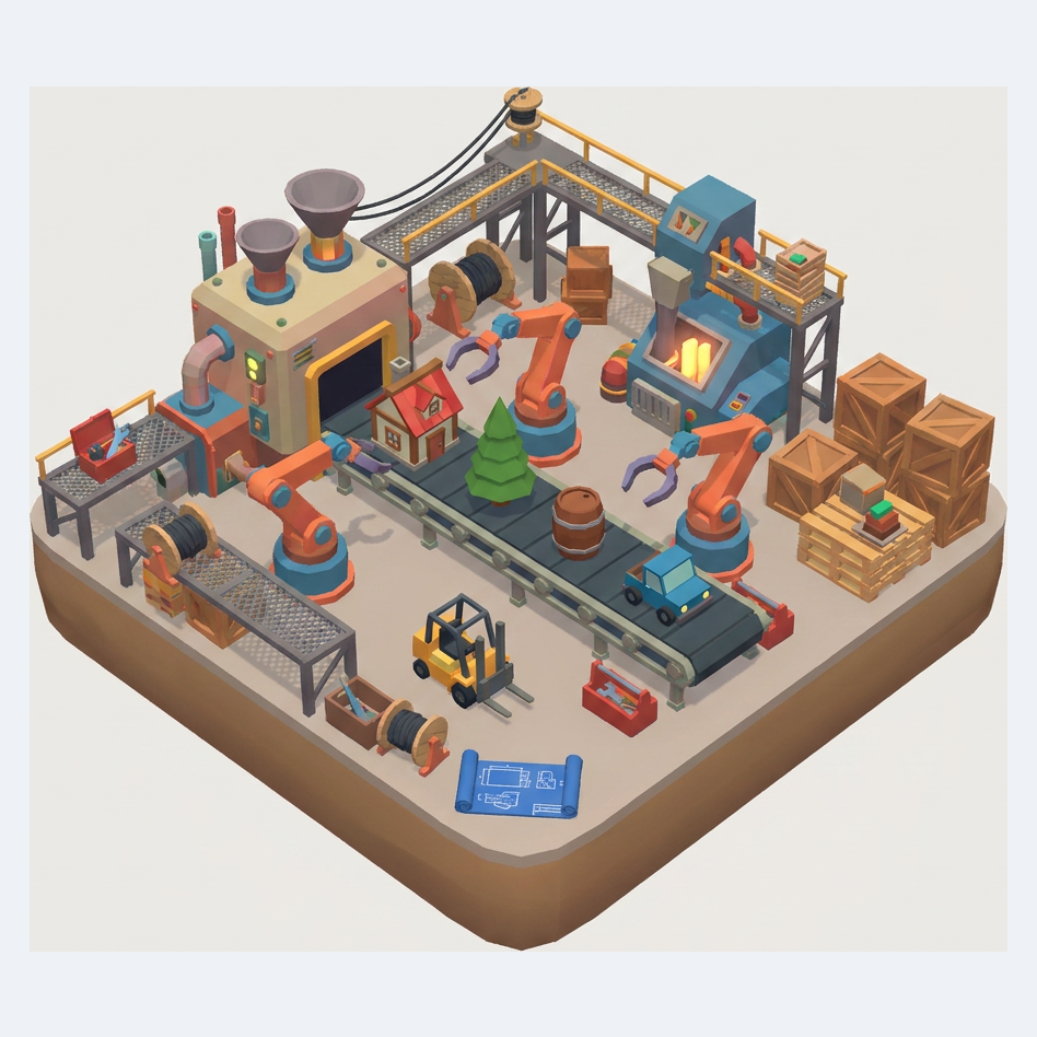 A low-poly factory diorama: a conveyor carrying a house, a tree and a barrel past robot arms, with crates of finished props stacked at the end