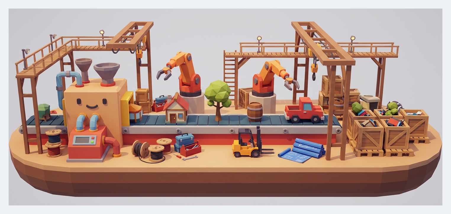 A low-poly factory diorama: a conveyor carrying a house, a tree, a barrel and a truck past robot arms, with crates of finished props stacked at the end of the line