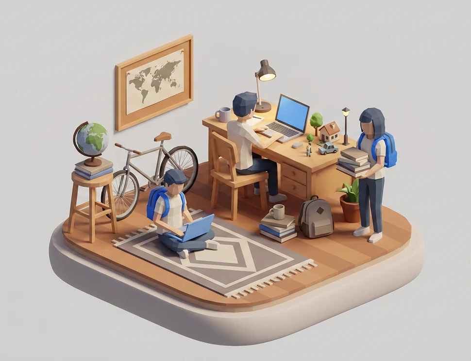 A low-poly diorama of three students working at a desk with laptops, a globe and a
                world map, with a tiny game kit of a house, a tree and a car assembled beside the laptop