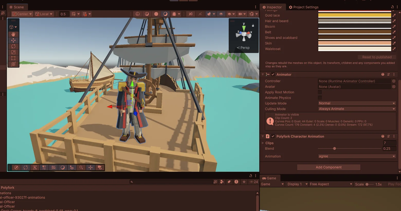 A rigged character with its animation dropdown in Unity